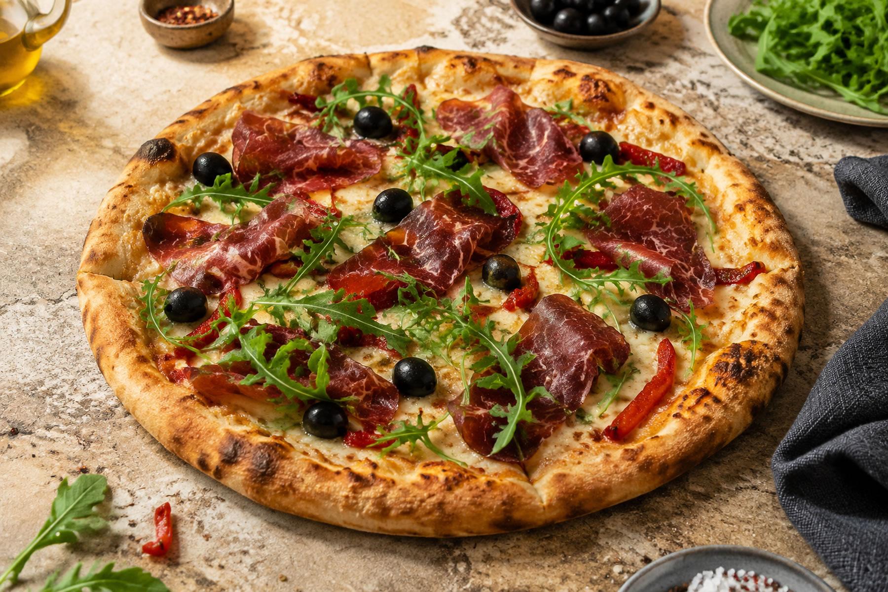 Halal Pizza with Dried Beef, Peppers, and Arugula
