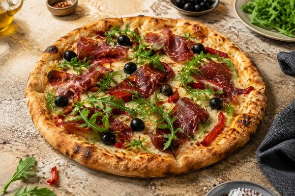 Halal Pizza with Dried Beef, Peppers, and Arugula